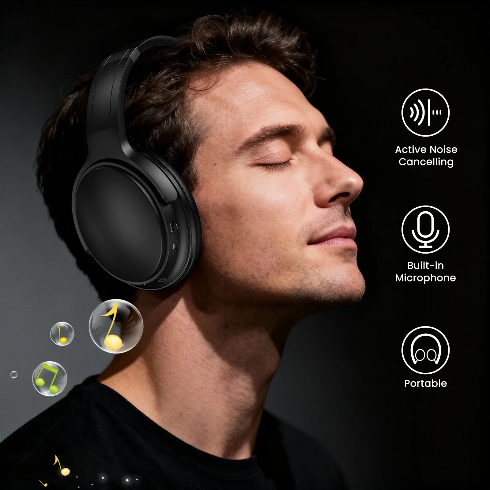 Noise Cancelling Headphones, Wireless Bluetooth Headphones, over Ear Headphones with Microphone, Black, Q8