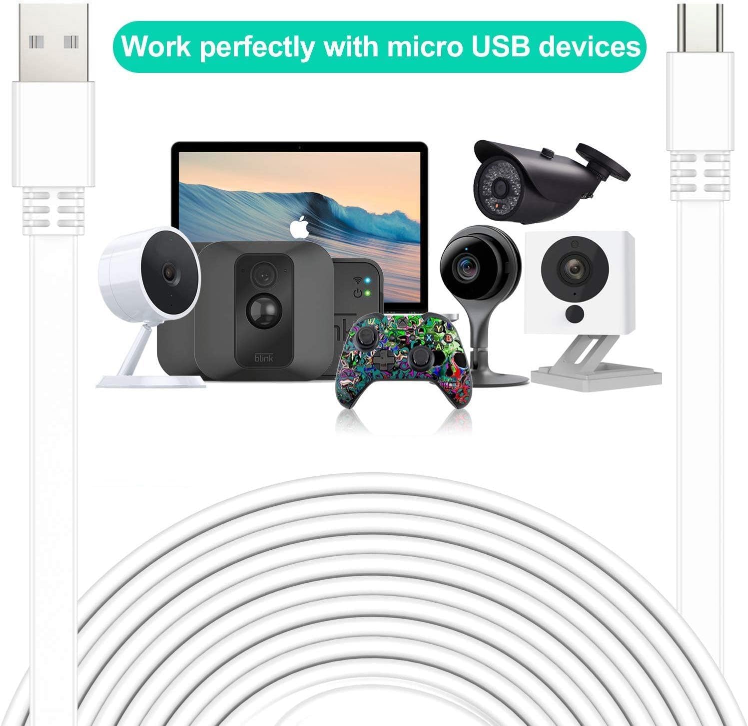 Micro USB Extension Cable 20Ft(2Pack),Micro USB Cable Charging Power Cord Flat Long for Security Camera Wyze Cam V4 V3,OG,V3 Pro,Blink Outdoor 3Rd Gen,Xt,Mini,Ring Stick up Cam